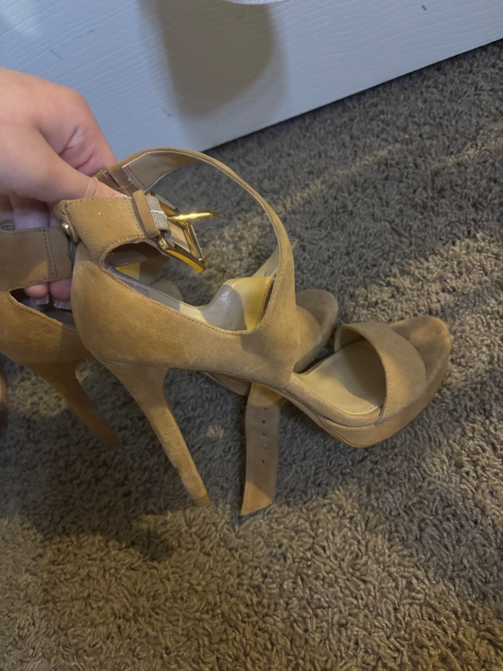 Michael Kors Tan Suede Block Heel Sandals with Ankle Buckle - Picture 2 of 3